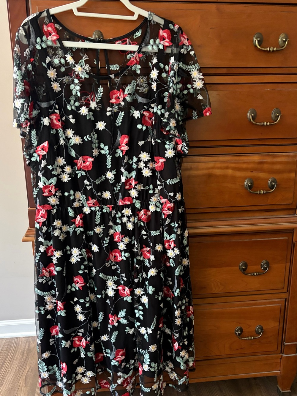 Lane Bryant Black Mesh Midi Dress with Red & White Floral Embroidery